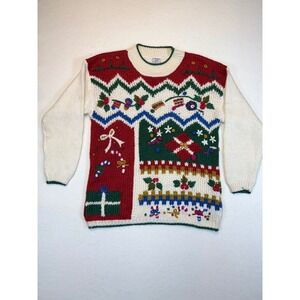 Vintage Christmas Sweater Holiday Embroidered Crewneck Knit Festive